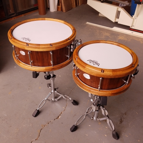 Pair of Walnut Snare Drums with Segmented Wine Stave Hoops