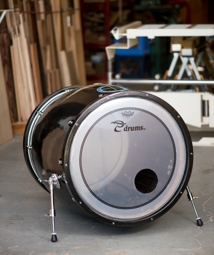 Wine Barrel Bass Drum With Gloss Black Finish and Pinstripes